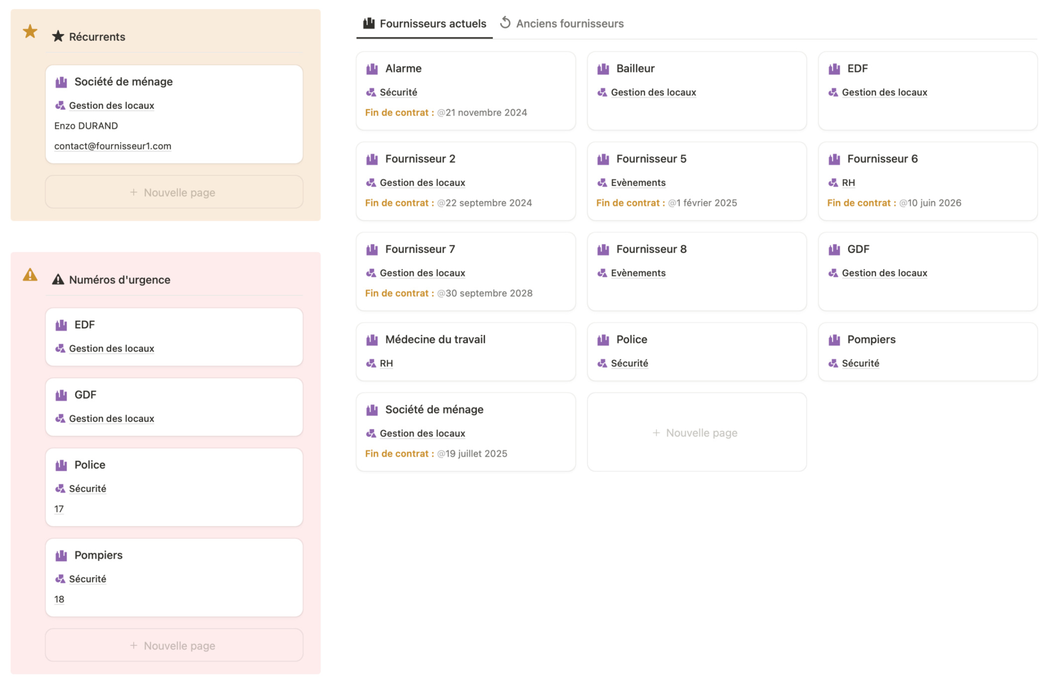 Liste des prestataires Gestion des prestataires, fiche fournisseur Notion, contrat prestataire